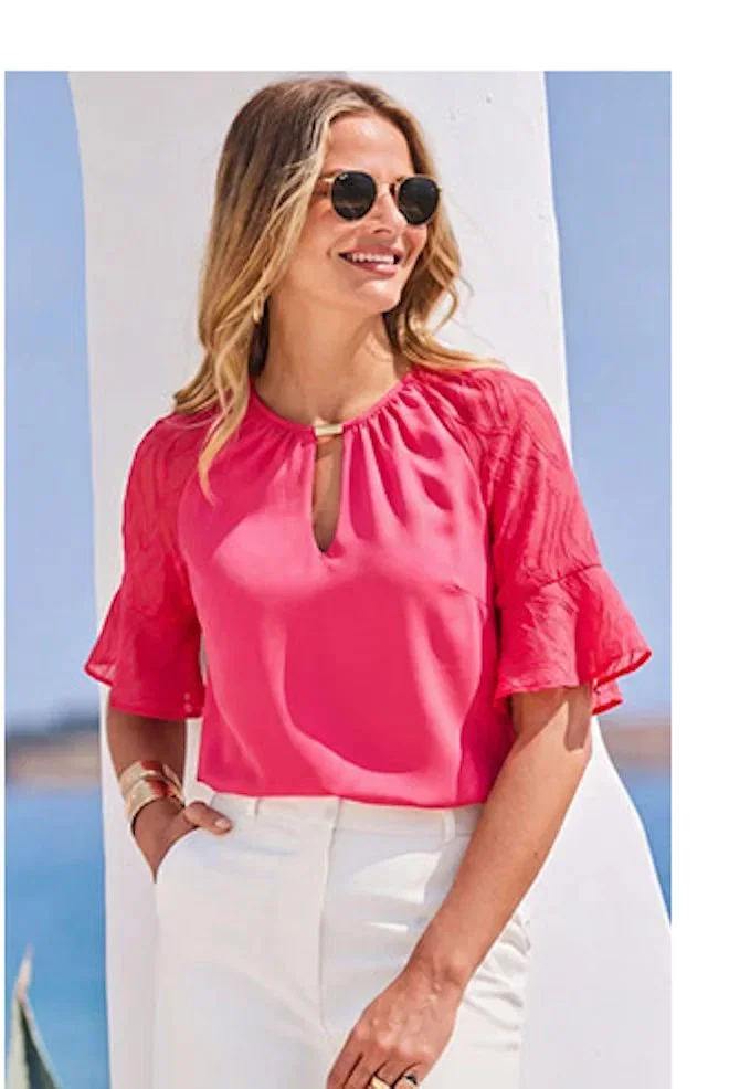 Pink Keyhole Detail Textured Dobby Sleeve Top