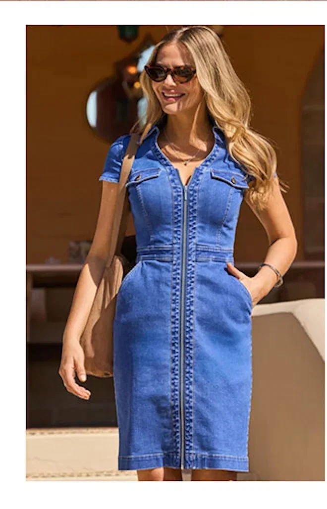Bright Blue Zip Front Denim Dress With Pockets