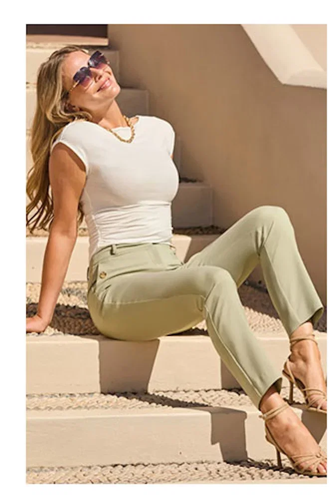 Sage Green Cropped Tapered Leg Trousers With Gold Button