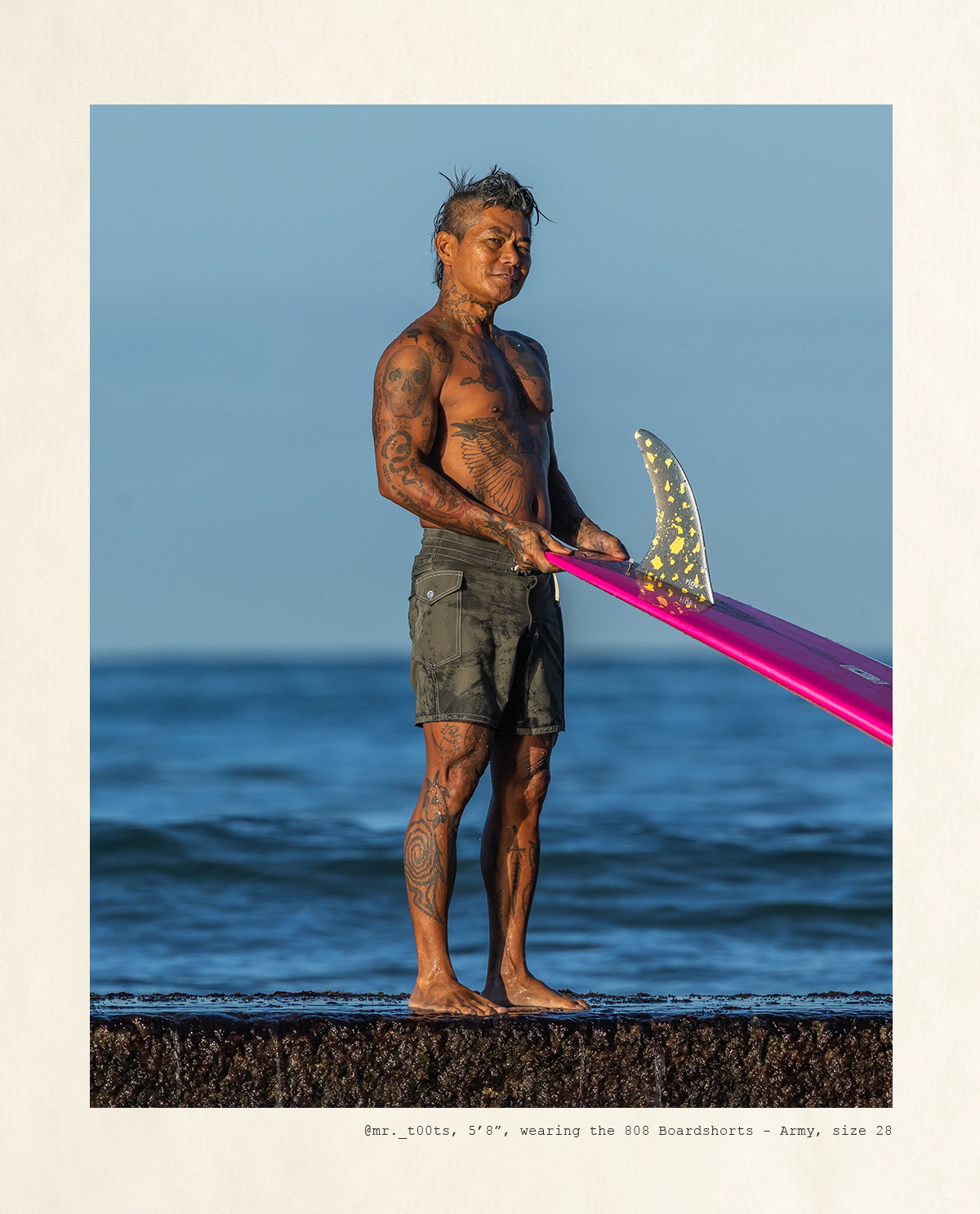 Toots, 5'8", in the 808 Boardshorts - Army, size 28