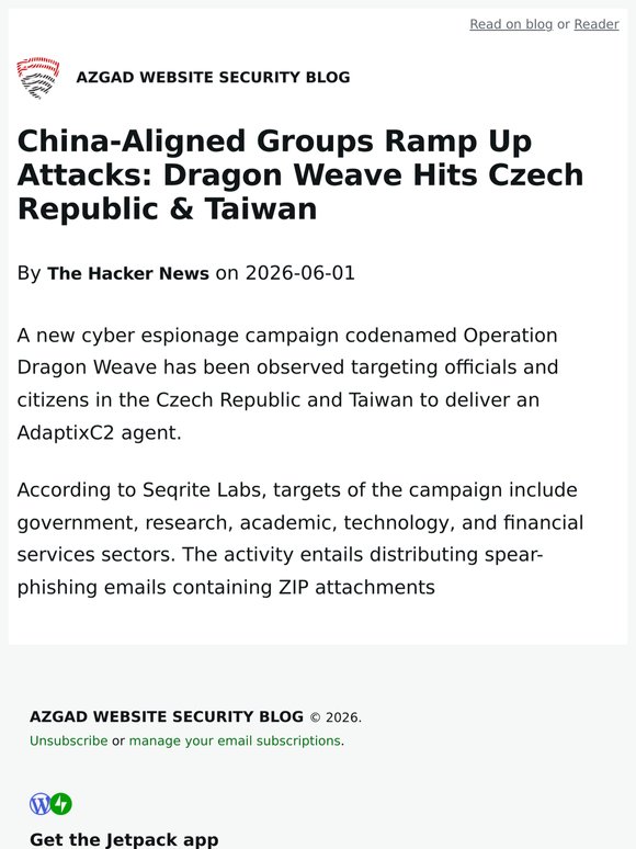 China-Aligned Groups Ramp Up Attacks: Dragon Weave Hits Czech Republic & Taiwan