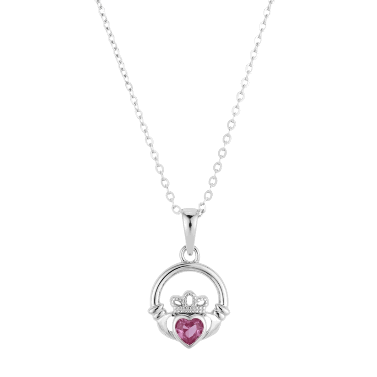 Argento Silver Birthstone June Pink CZ Claddagh Necklace