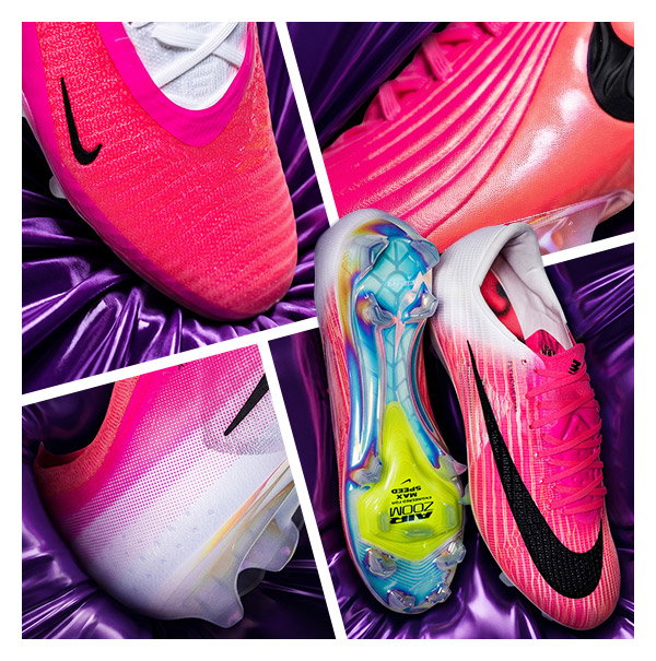 Collage of bright pink Nike football boots and iridescent studded sole on purple satin backdrop, close-up details