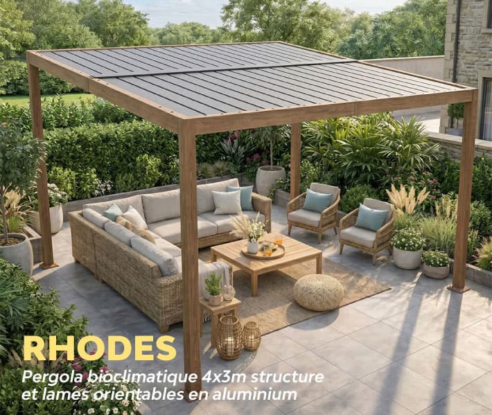 Pergola bioclimatique 4x3m structure et lames orientables en aluminium RHODES