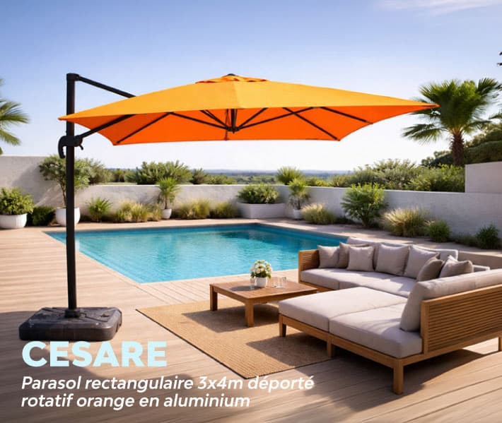 Parasol rectangulaire 3x4m déporté rotatif orange en aluminium CESARE