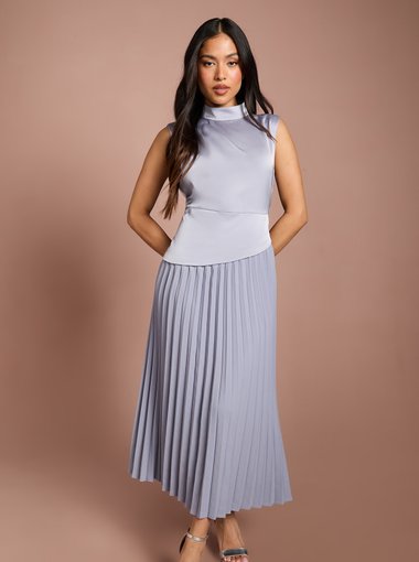 Petite Drape High Neck Pleated Skirt Midi Dress