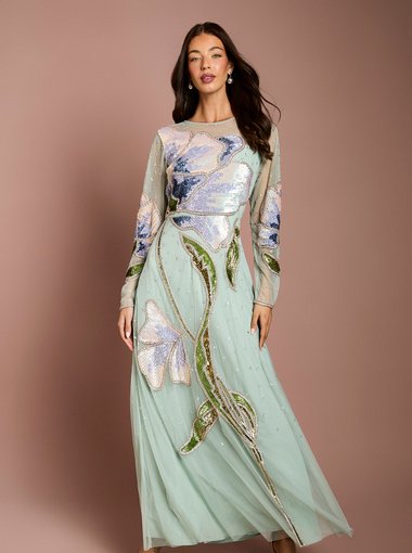 Embellished Long Sleeve Floral Maxi Dress