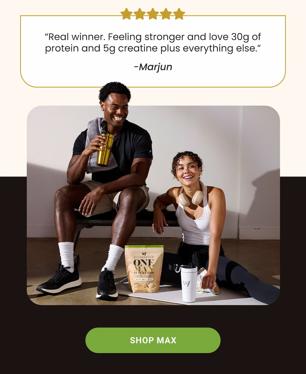 Krystal K. Checks all my health benefits in one quick shake, with fabulous flavor! My current go-to after an early AM CrossFit class.  Amber J. ⭐⭐⭐⭐⭐ BEYOND IMPRESSED! Exceeds what a perfect protein powder should be. Husband and daughter kept sneaking MY protein shake over their own after workouts.    Marjun ⭐⭐⭐⭐⭐ Real winner. Feeling stronger and love 30g of protein and 5g creatine plus everything else.