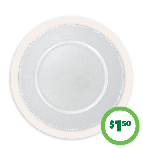 $1.50 Silver Plastic Charger Plates