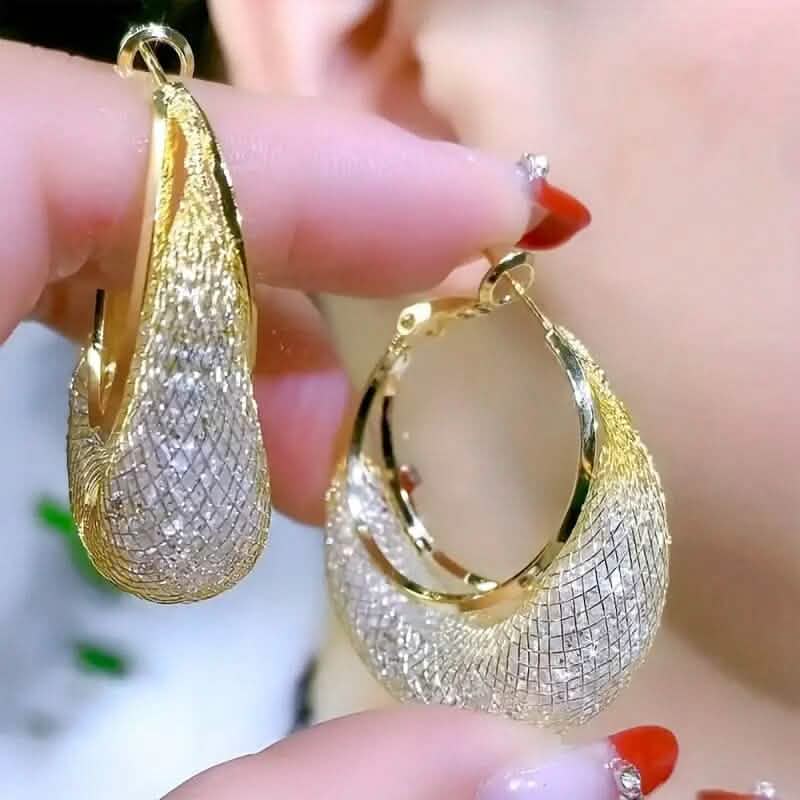 Image of Elegant Crescent Mesh Hoop Earrings with Sparkling Cubic Zirconia