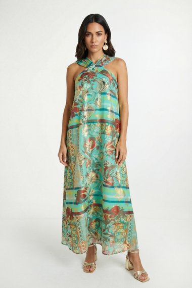 Paisley Metallic Halterneck Maxi Dress