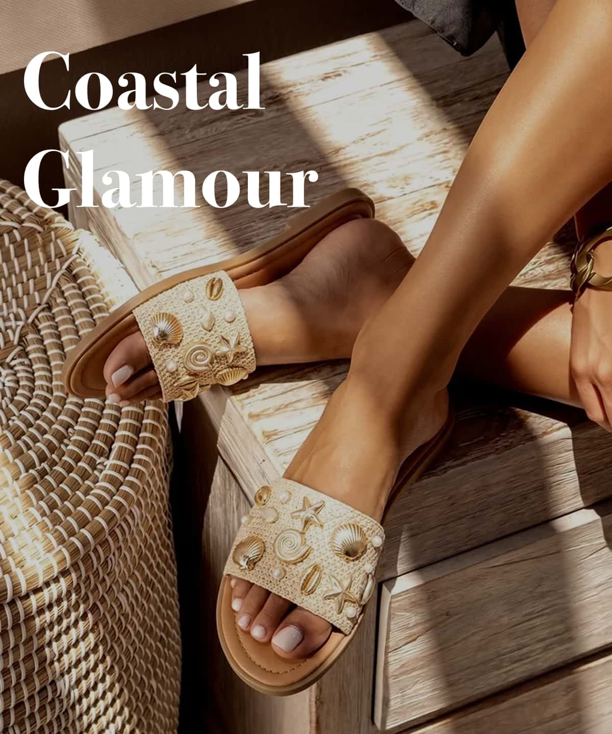 Coastal Glamour - Shop Metallic Seashell Band Slide Sandals