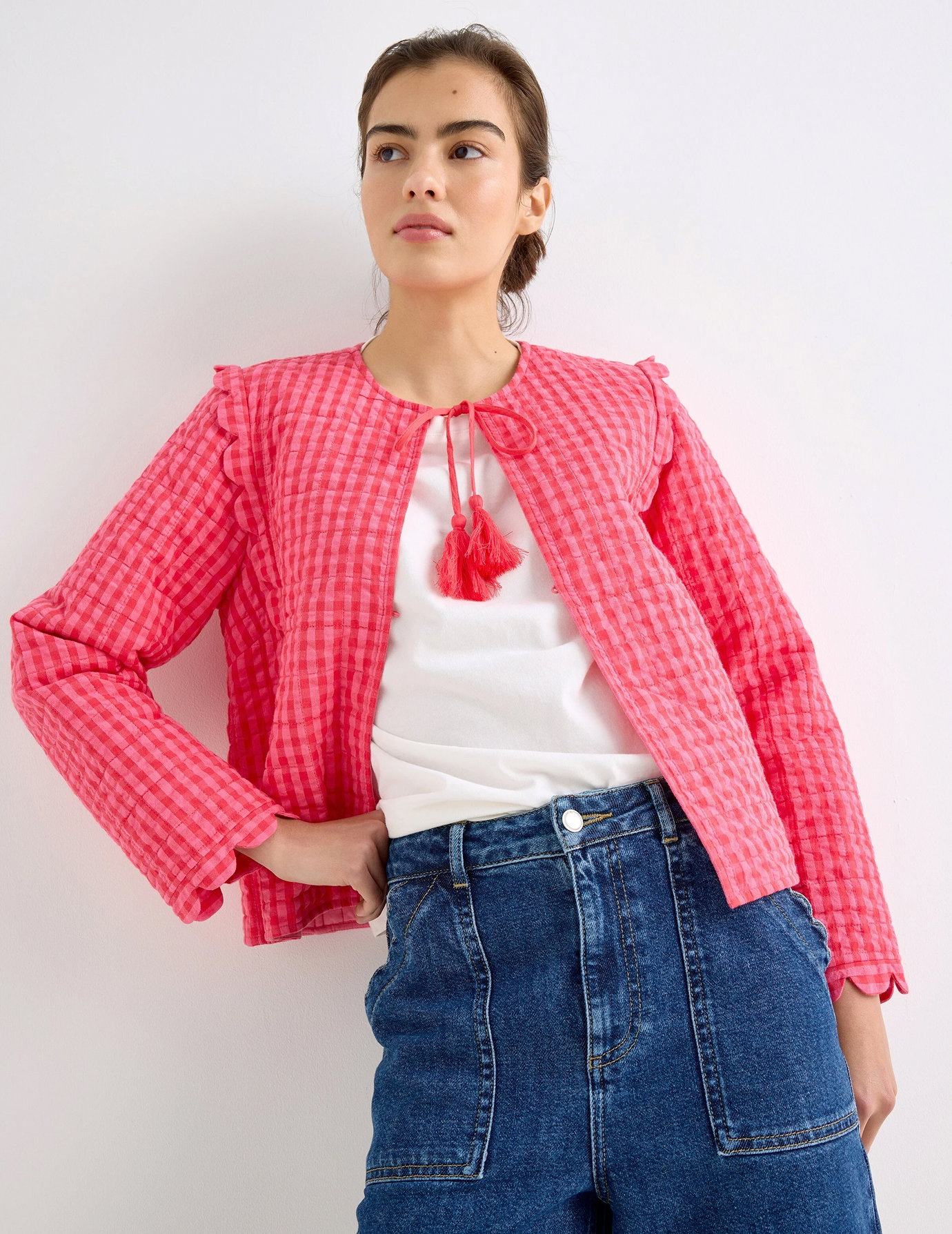 Pink Gingham Scalloped Quilted Jacket