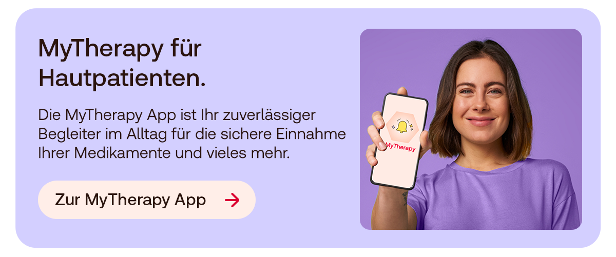 Werbegrafik für die MyTherapy App mit einer Person, die ein Smartphone mit App‑Anzeige hält, sowie Text zur sicheren Medikamenteneinnahme und einem Button „Zur MyTherapy App“.