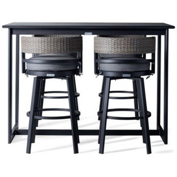 Encinitas 5 Piece Dining Set - Contemporary Design - Slatted Tabletop - Sturdy Trestle Base - 4 Swivel Bar Stools - Hand-Woven Wicker Backs - Round Cushioned Seats