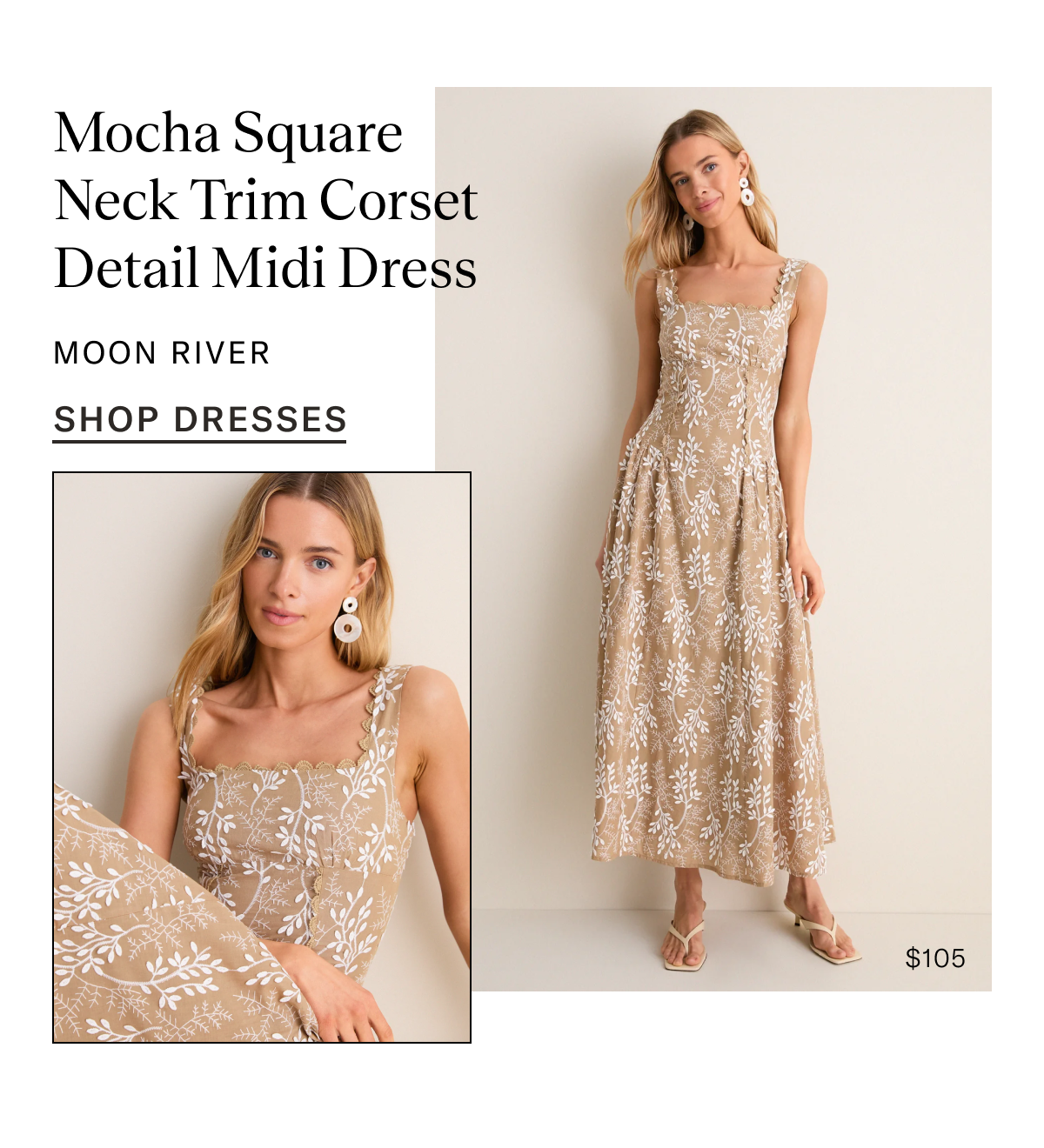 Mocha Square Neck Trim Corset Detail Midi Dress