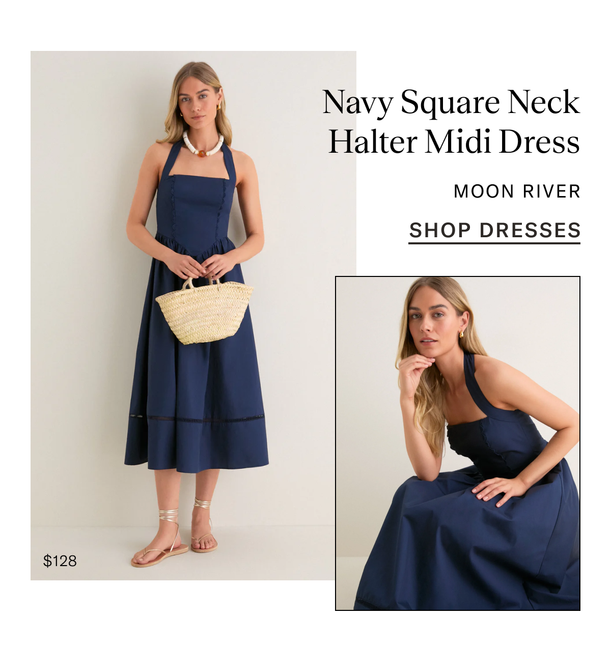 Navy Square Neck Halter Midi Dress