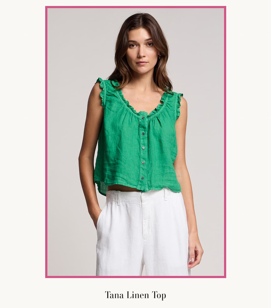 Model wearing Tana Linen Top.