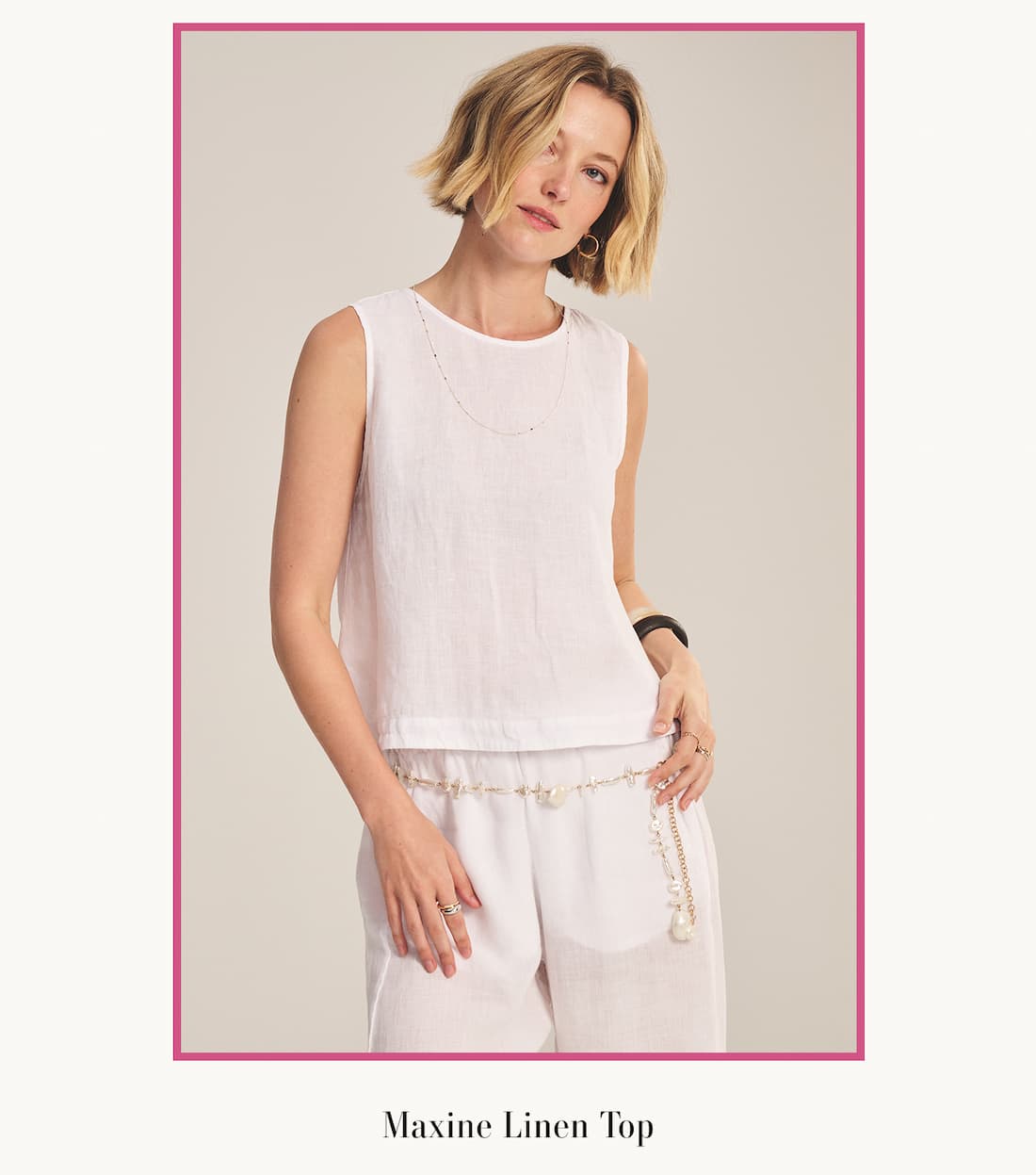 Model wearing Maxine Linen Top