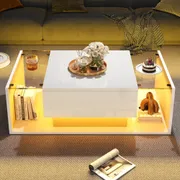 White High Gloss LED Coffee Table with Glass Top and Drawer