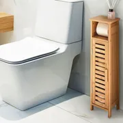 Toilet Paper Cabinet Light Brown Bamboo Wall Cabinet Shelves and Door