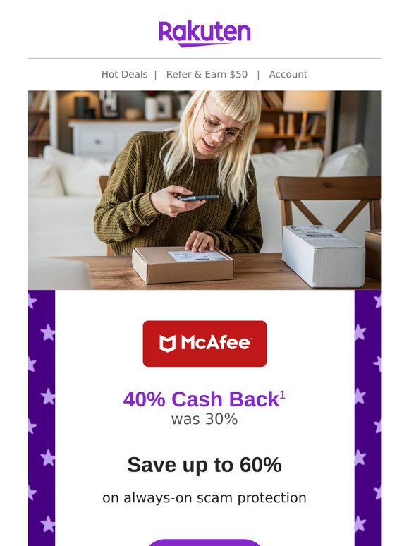 McAfee: 40% Cash Back + Get up to 60% off