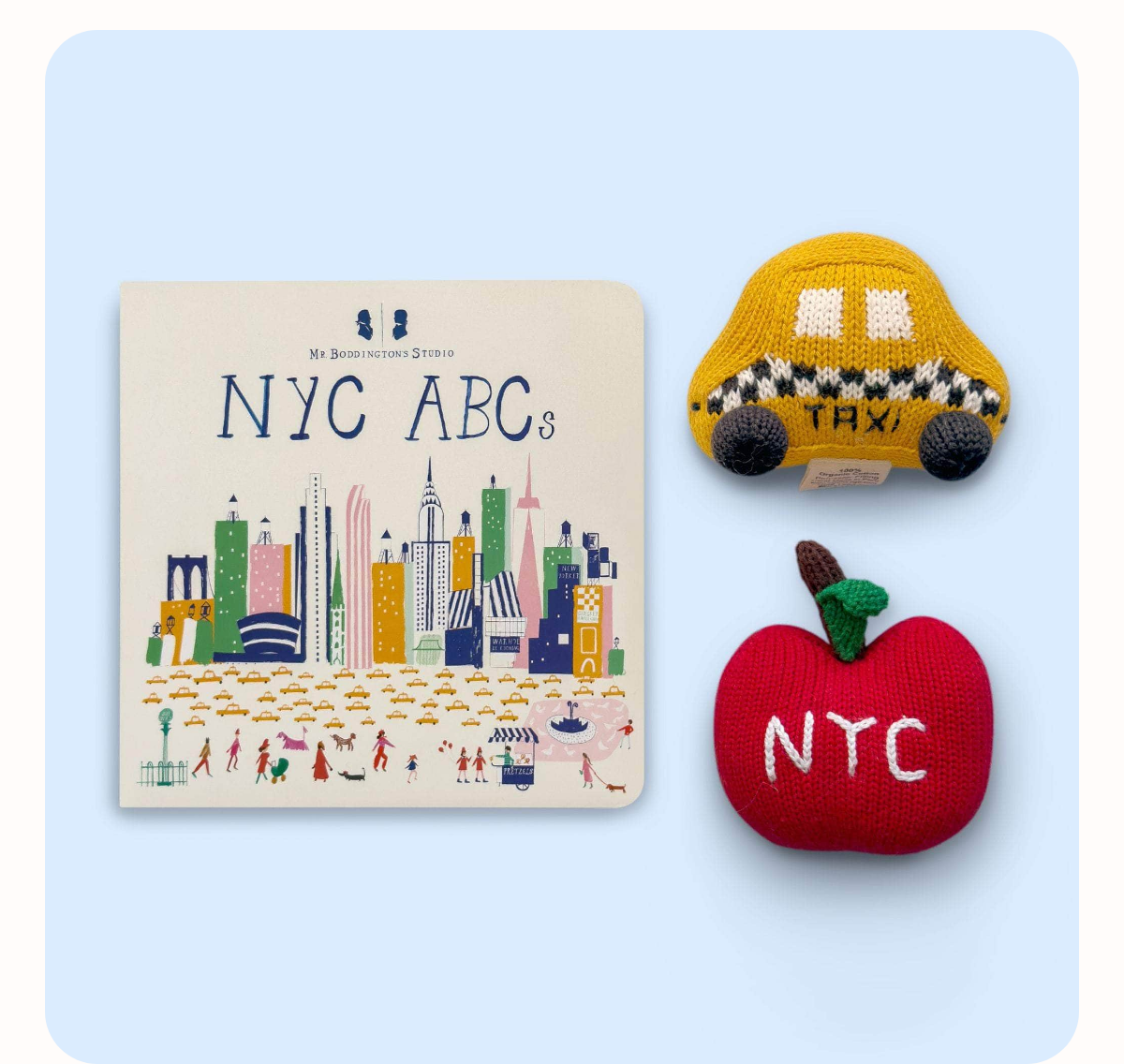 NYC ABCs Baby Set featuring book, MetroCard rattle, and taxi rattle