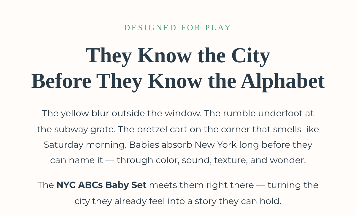 NYC ABCs Baby Set — editorial intro about babies recognizing the city