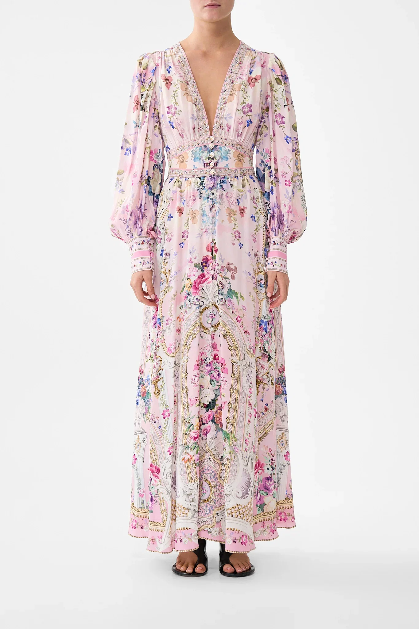 Image of SHAPED WAISTBAND DRESS WITH GATHERED SLEEVES PALATIAL PASTELS