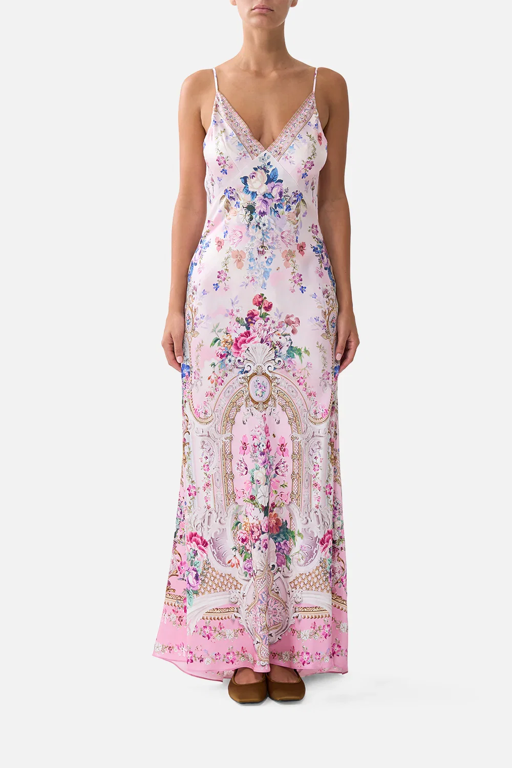 Image of V-NECK LONG BIAS SLIP DRESS WITH TRAIN PALATIAL PASTELS