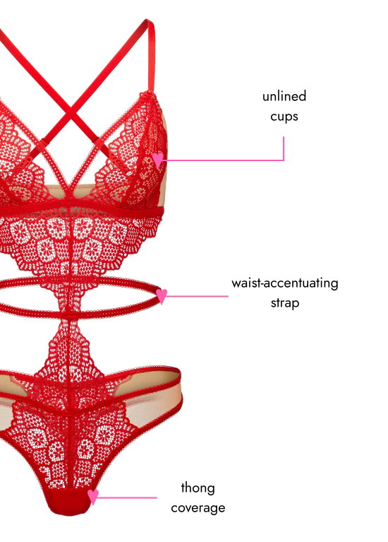 Unlined cups. Waist-accentuating strap. Thong coverage.