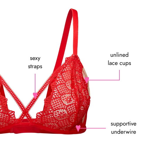 Sexy straps. Unlined lace cups. Supportive underwire.