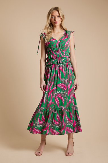 Green Palm Tie Detail Frill Waist Maxi Dress