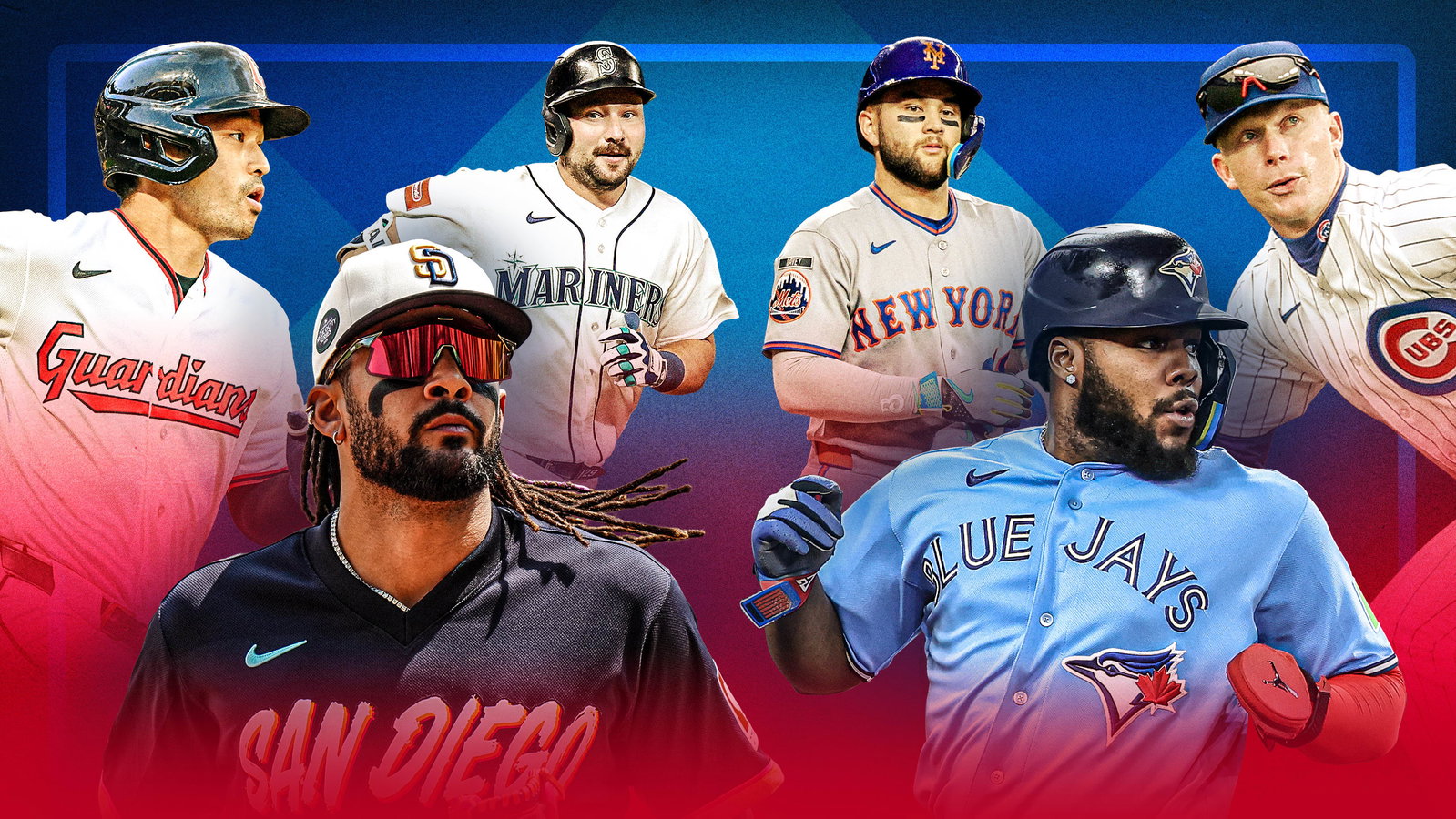 Steven Kwan, Fernando Tatis Jr., Cal Raleigh, Bo Bichette, Vladimir Guerrero Jr. and Pete Crow-Armstrong