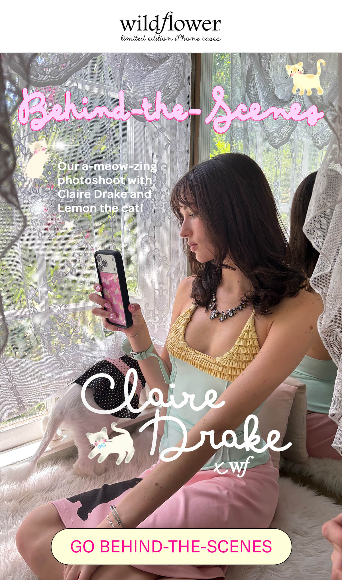 Behind the scenes Claire Drake x Wildflower Our a-meow-zing photoshoot with Claire Drake and Lemon the cat!