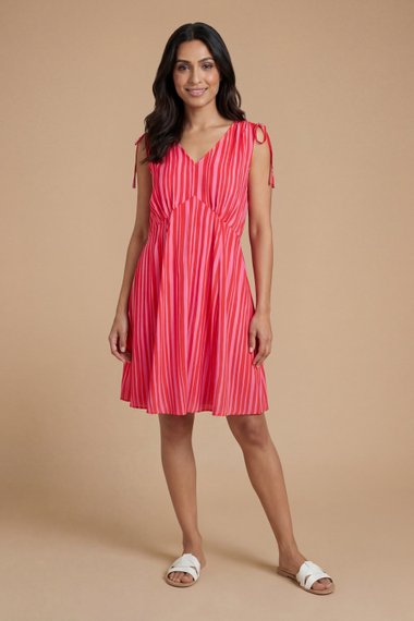Pink Stripe Drawstring Seam Detail Printed Mini Dress