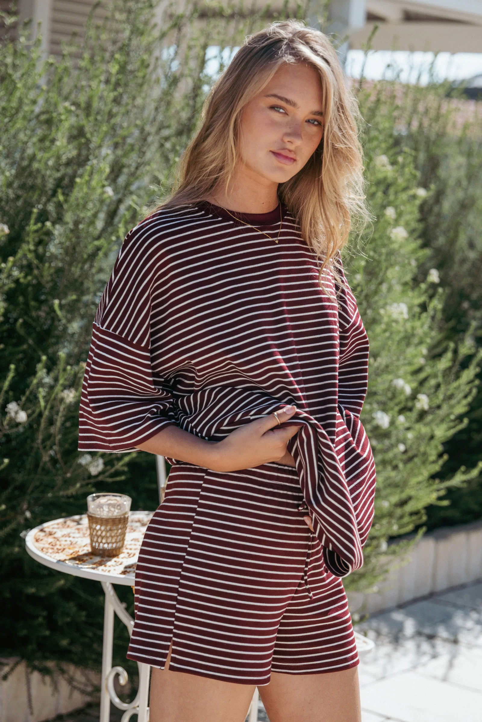 Image of Hellen Stripe Short Set - Burgundy Cream Stripe