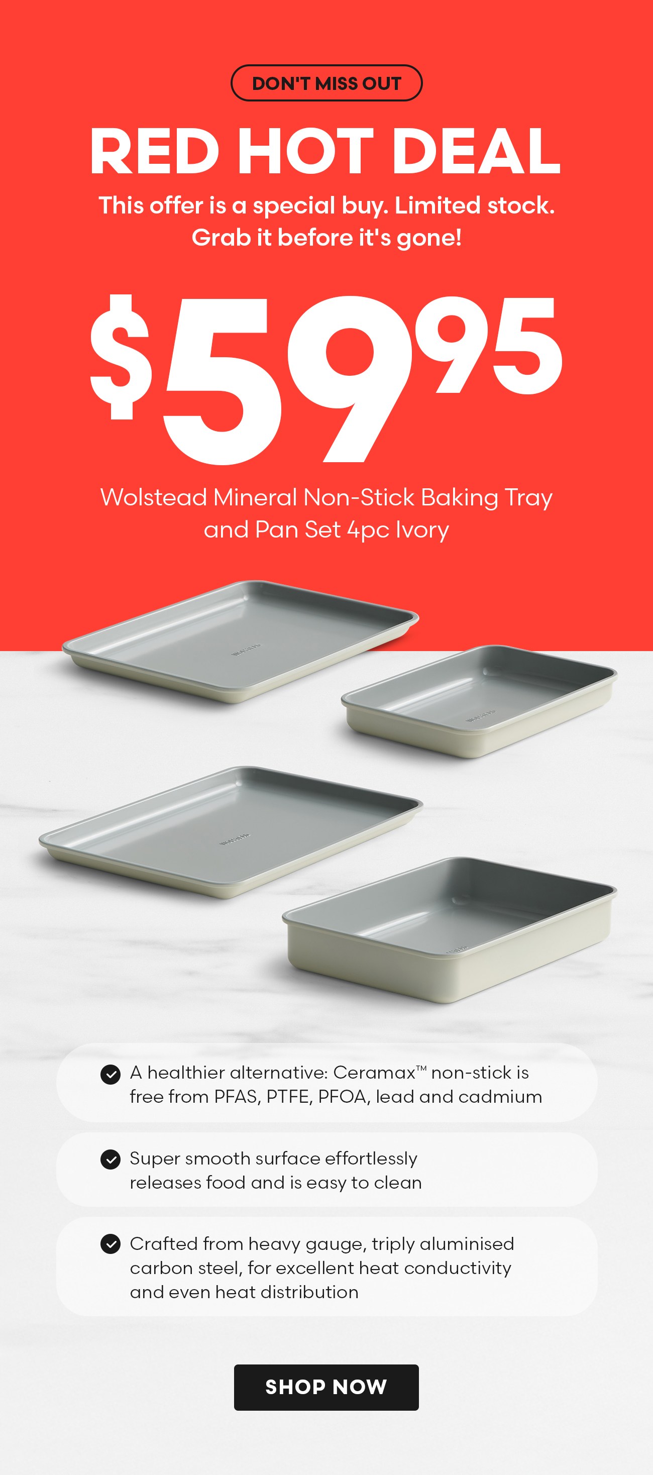 Wolstead Mineral Non-Stick Baking Tray and Pan Set 4pc Ivory