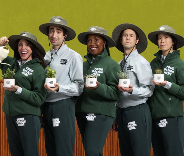 A group of people wearing custom sweatpants, quarter zips, and bucket hats holding custom planters.