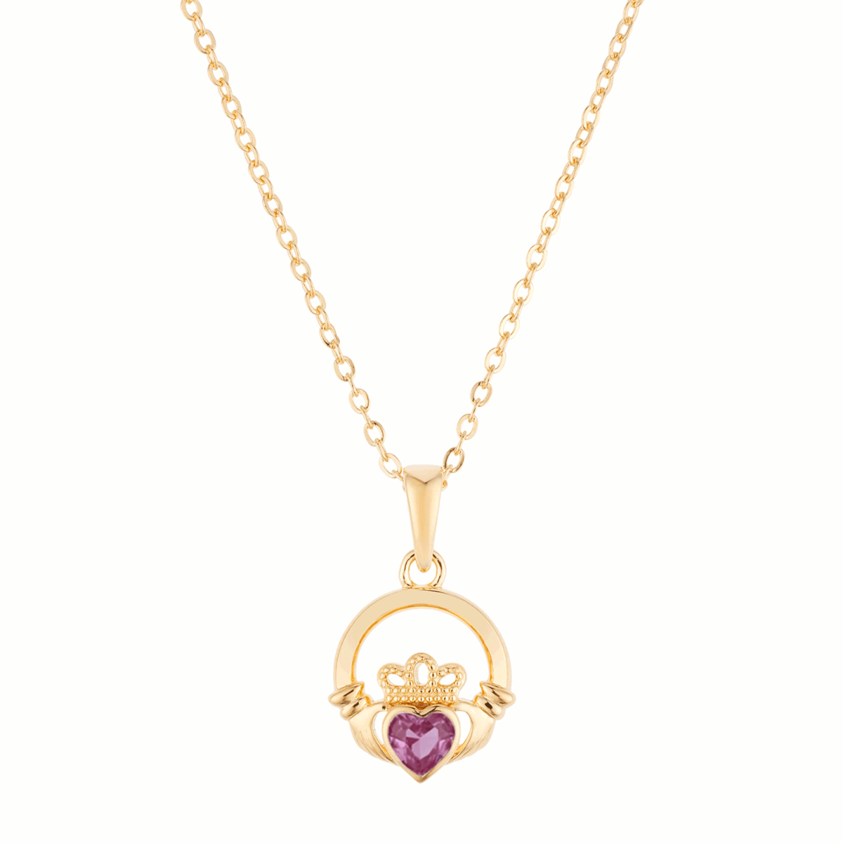 Argento Gold Birthstone June Pink CZ Claddagh Necklace