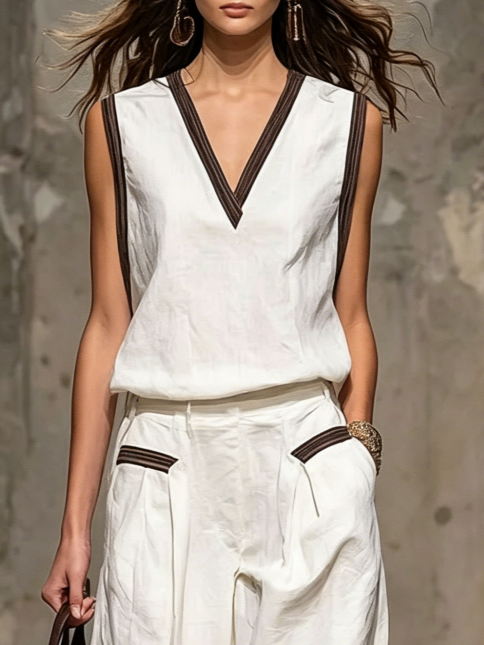 Image of Cotton And Linen Urban Plain V Neck Blouse