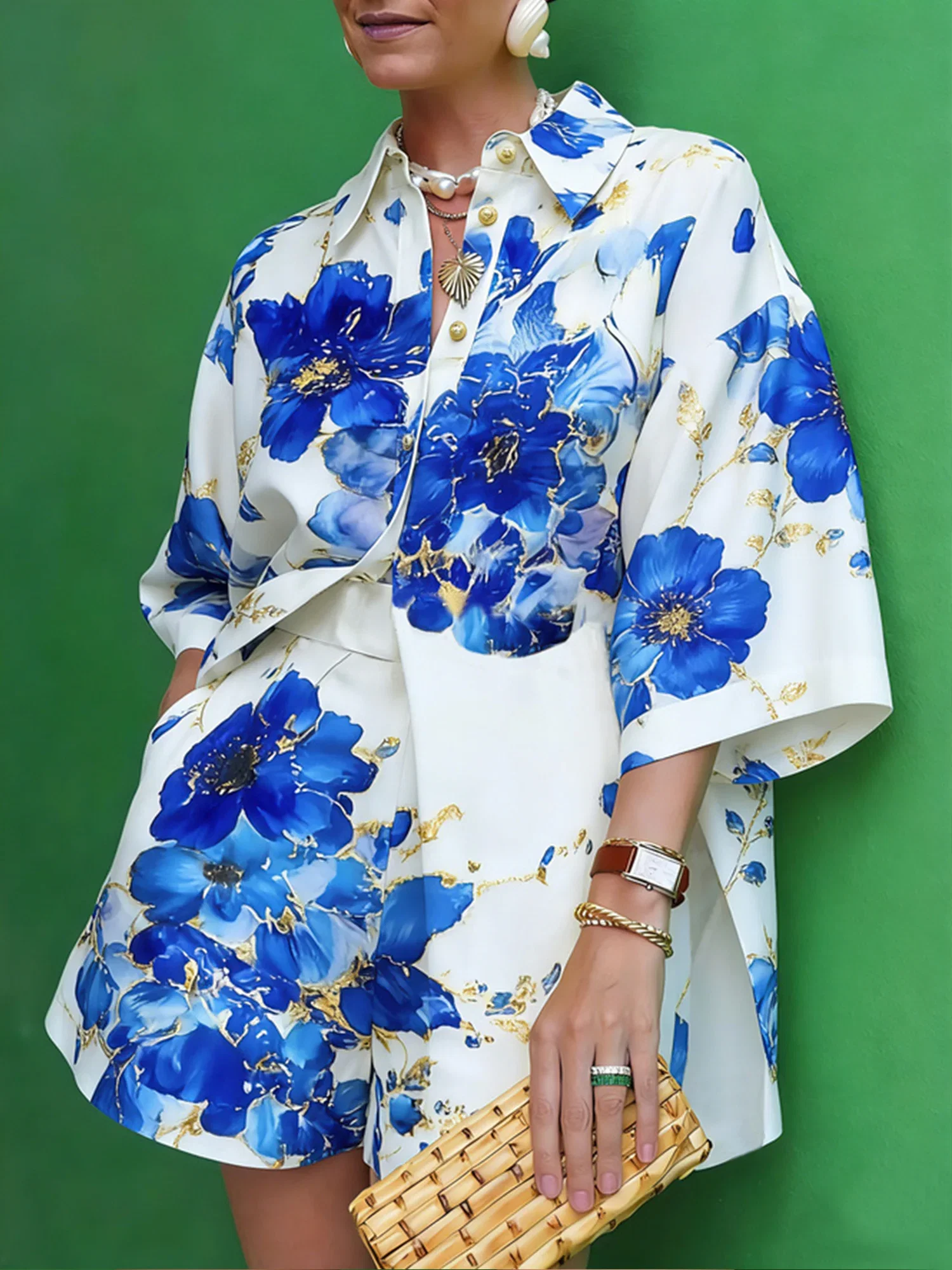Image of Elegant Floral Printing Shirt Collar Shirt