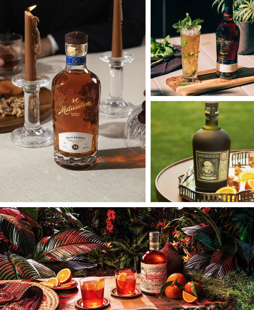 Collage of rum bottles & cocktails: Matusalem by candlelight, mint highball, Diplomatico on tray, tropical rum with oranges