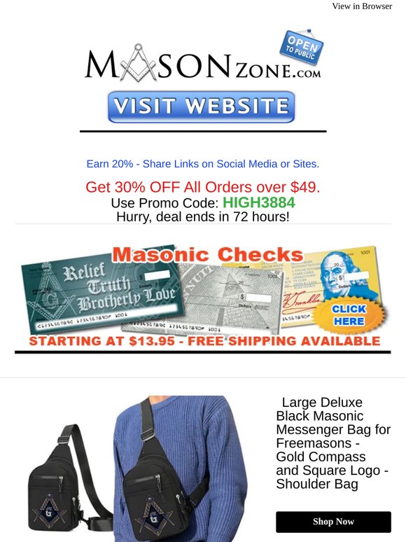 Mason Zone - 30% OFF Entire order when you spend $49 + Coupon Inside! Featured Item: Large Deluxe Black Masonic Messenger Bag for Freemasons - Gold Compass and Square Logo - Shoulder Bag