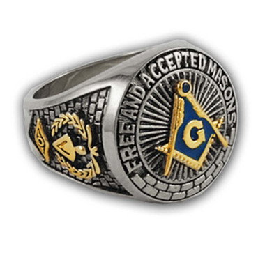 Blue Lodge - Duo-Tone Gold Icons Silver Color Band. Freemason Ring Blue Mason Symbol Free and Accepted Masons - Masonic Rings for sale - Freemason Jewelry