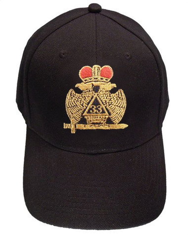 Masons Baseball Cap - Standard Scottish Rite Wings DOWN with Red Crown. 33rd Degree Masonic Black Hat - One Size Fits Most Cap for Freemasons 