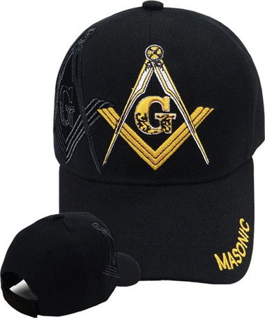 Black Masonic Baseball Cap w/ Black Shadow Side Logo - Golden Masonic Order Symbol, Brim Mason Text & Adjustable Strap on Back of Hat. Masonic Clothing, Apparel and Merchandise