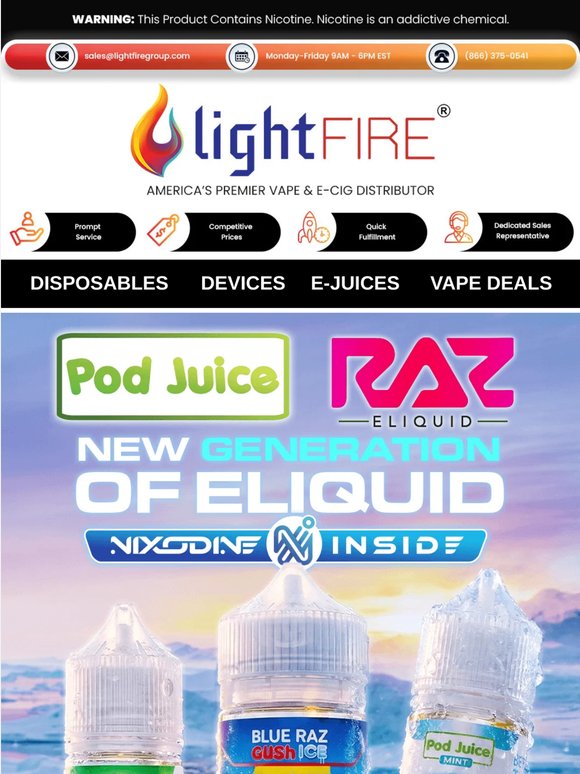 📦 In Stock: Pod Juice & RAZ Gush Ice Nixodine E-Liquids — Order Today