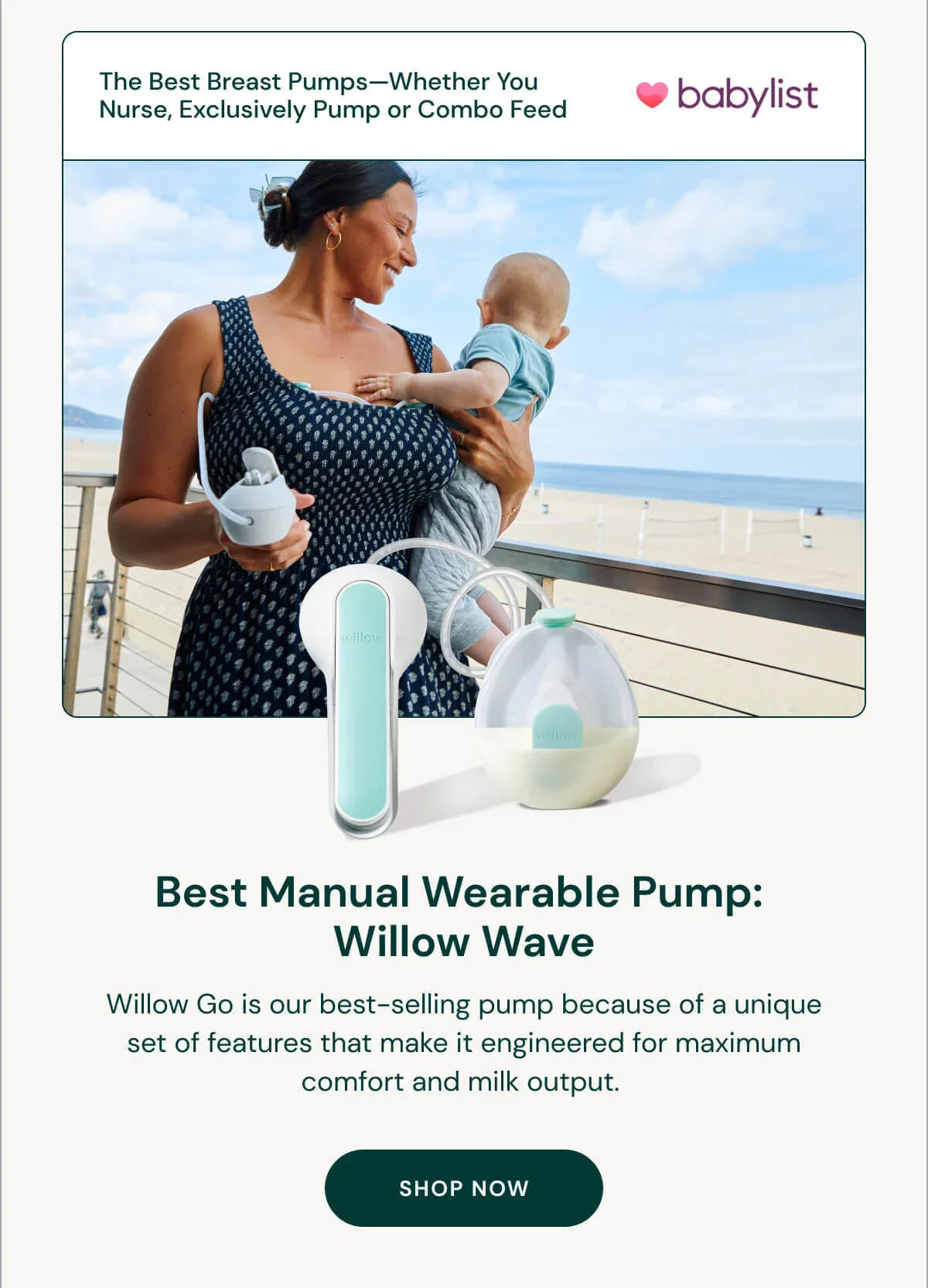 Mother holding baby with wearable breast pump by the beach