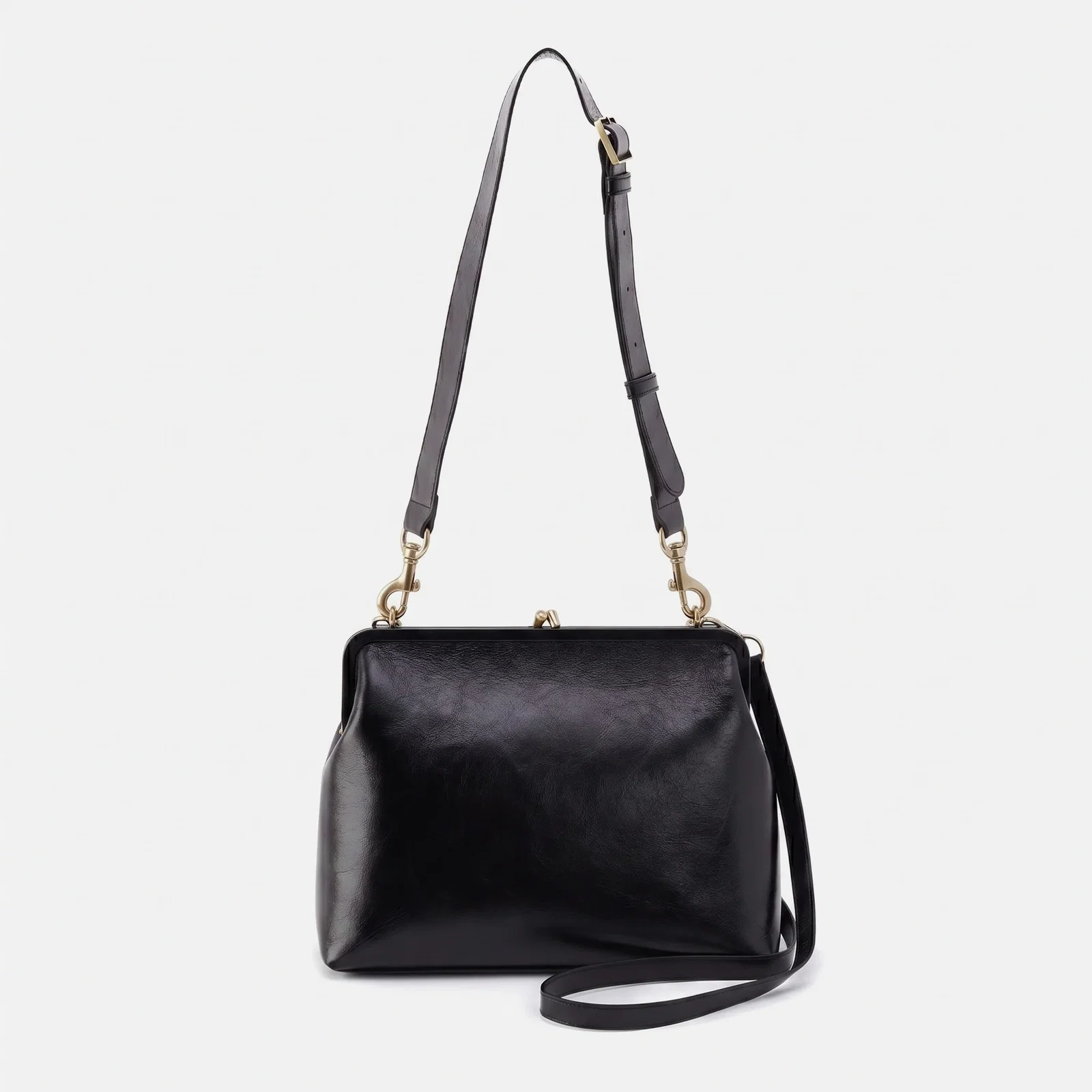 Image of Alba Frame Large Shoulder Bag In Polished Leather - Black